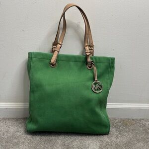 Michael Kors Green Canvas Tote Bag with Leather Straps